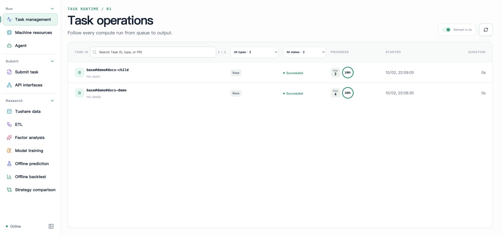 Task operations with two documentation demos